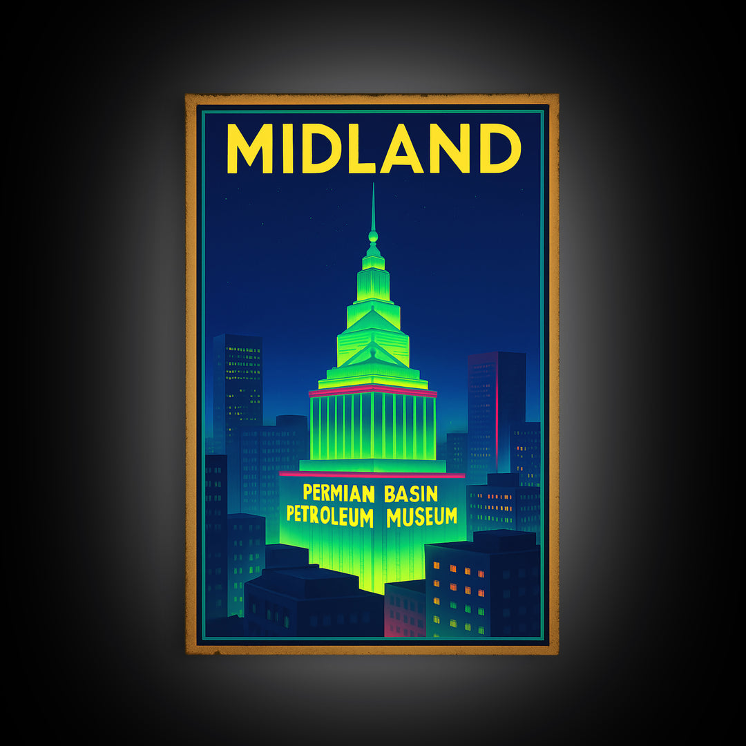 Midland Travel Poster, Framed Canvas Print, Retro Neon Travel Art, Midland Art Print, Eclectic Wall Decor, City Art Print, Fine Art Print