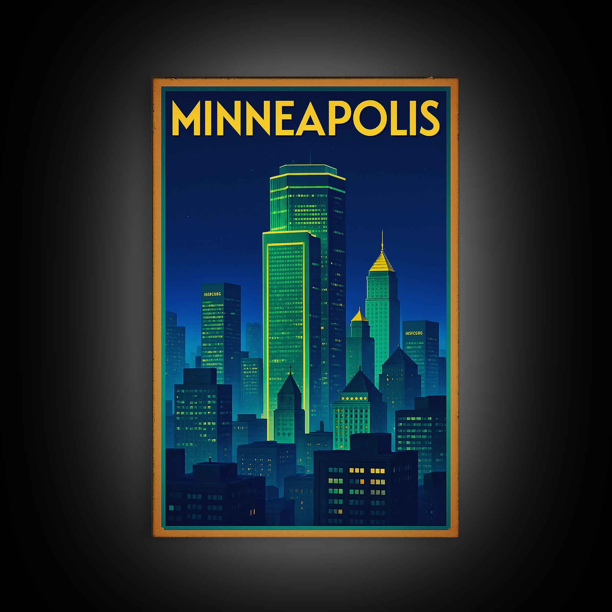 Minneapolis Travel Poster, Framed Canvas Print, Neon Skyline Wall Art, Minneapolis Travel Art, Travel Poster Art, Travel Wall Art
