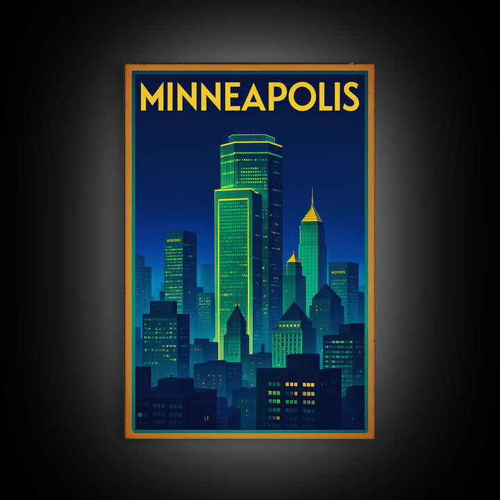 Minneapolis Travel Poster, Framed Canvas Print, Neon Skyline Wall Art, Minneapolis Travel Art, Travel Poster Art, Travel Wall Art