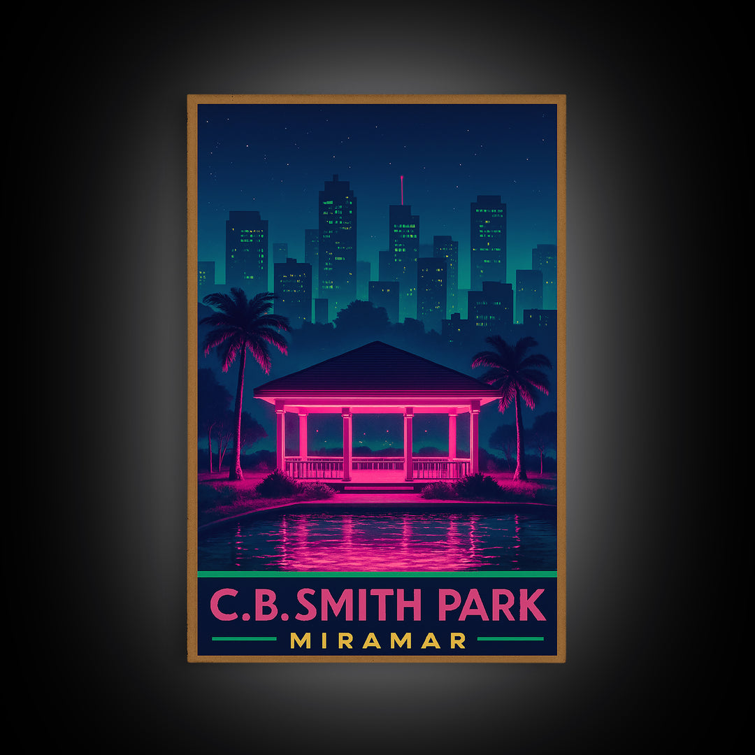 Miramar Florida Travel Poster, Framed Canvas Print, Retro Neon Travel Art, Miramar Poster Print, City Travel Prints, Mid Century Wall Art