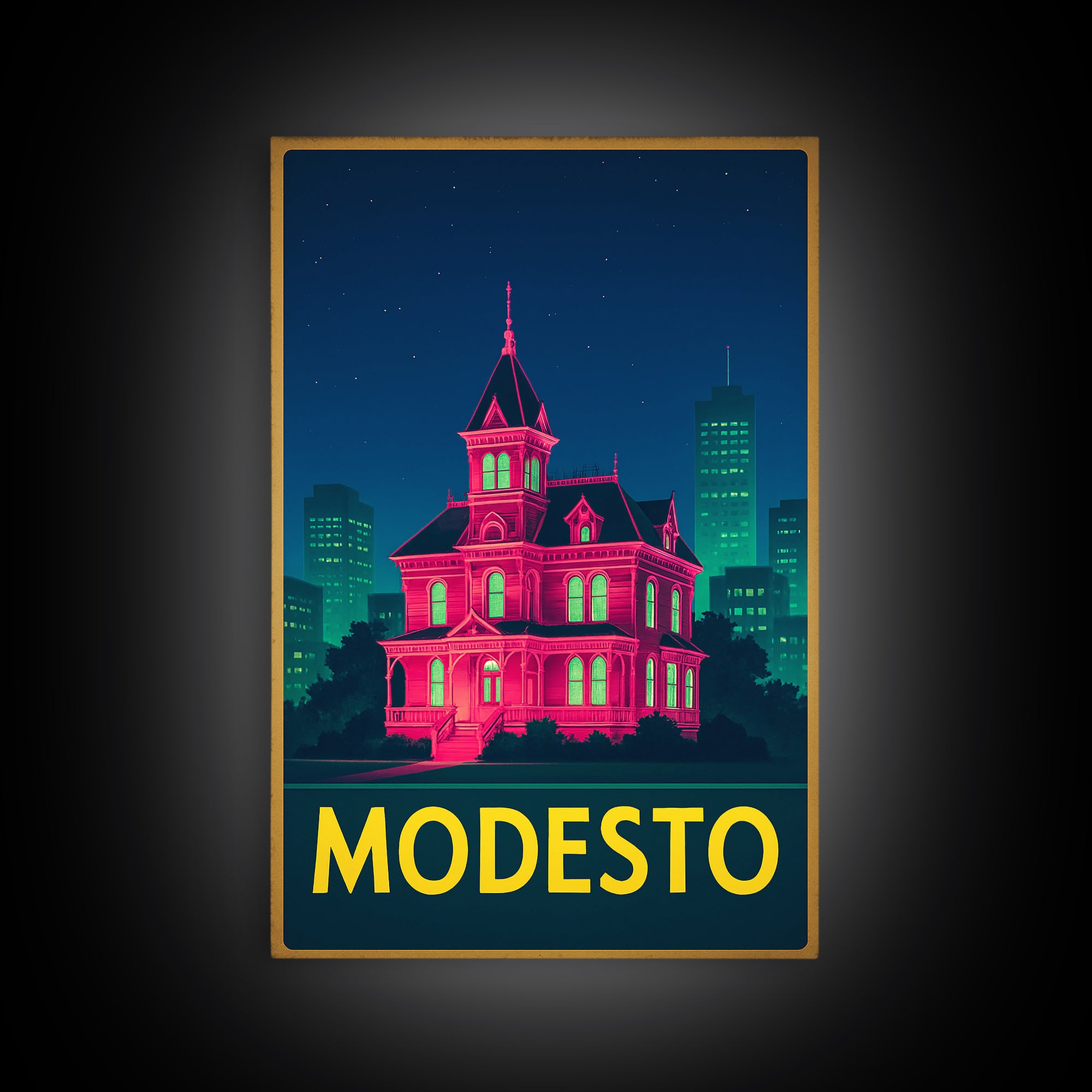 Modesto California Travel Poster, Framed Canvas Print, Cyberpunk Style City Art, Modesto Travel Art, Travel Wall Decor, Wanderlust Decor