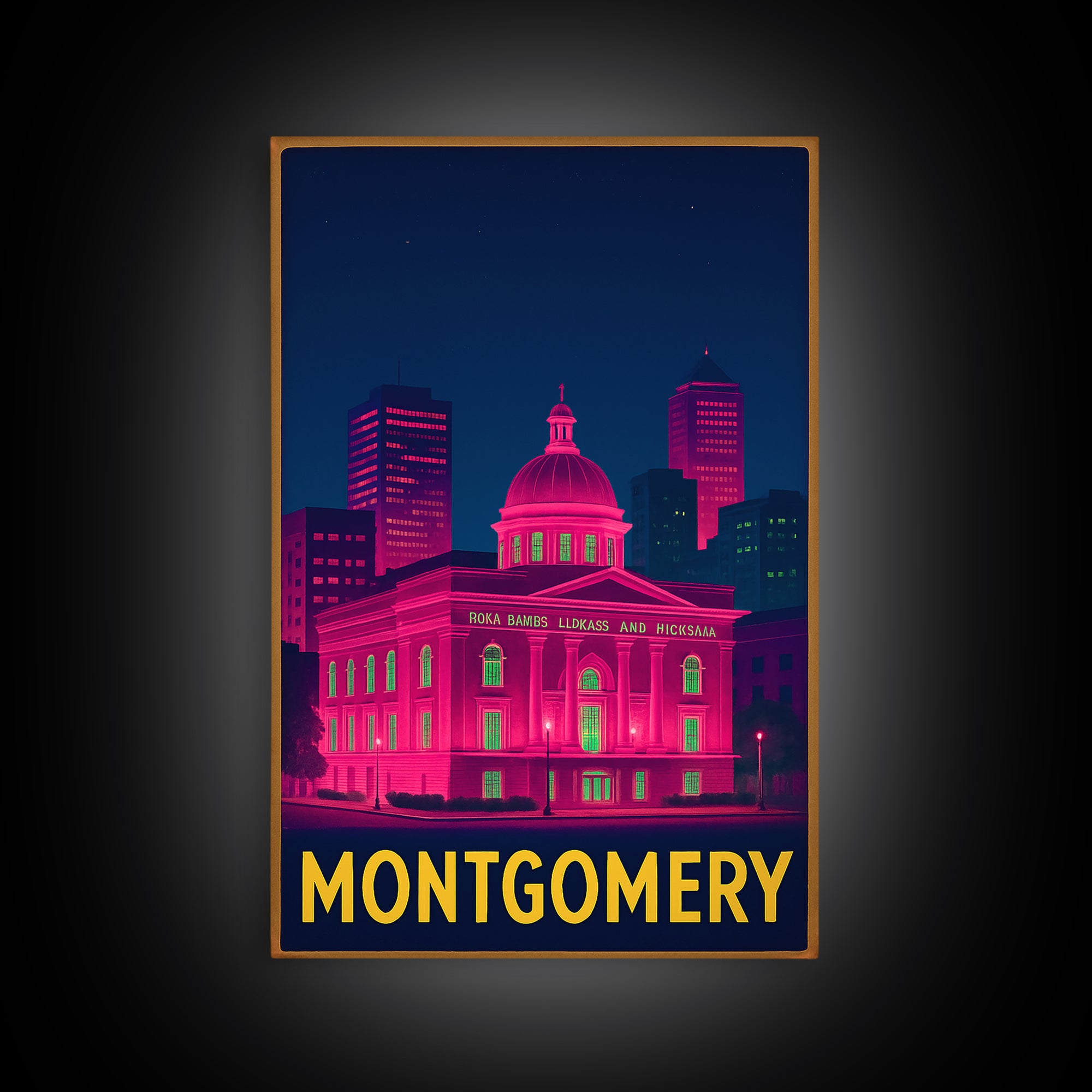 Montgomery Alabama Travel Poster, Canvas Print, Neon Urban Skyline Wall Art, Montgomery Wall Art, Gift For Travelers, Vintage City Art