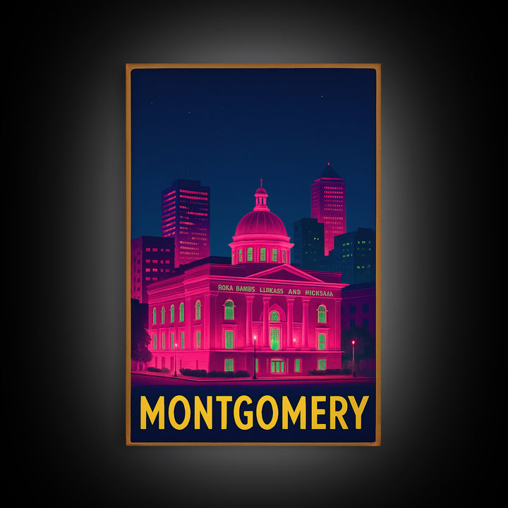 Montgomery Alabama Travel Poster, Canvas Print, Neon Urban Skyline Wall Art, Montgomery Wall Art, Gift For Travelers, Vintage City Art