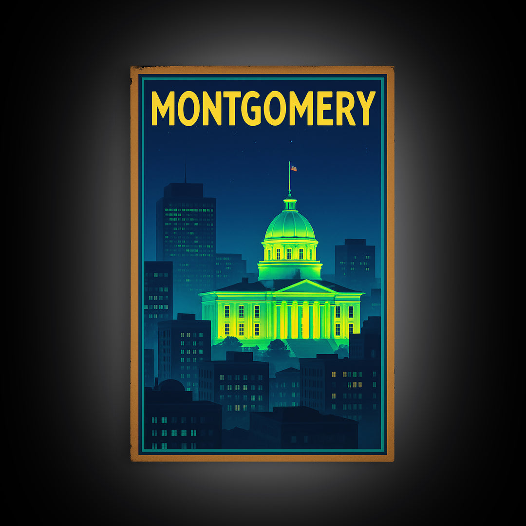 Montgomery Travel Poster, Canvas Print, Neon Downtown Skyline Wall Art, Montgomery City Art, City Illustration, City Travel Prints, Wall Art