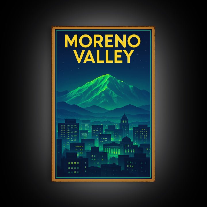 Moreno Valley Travel Poster, Canvas Print, Neon Downtown Skyline Wall Art, Moreno Valley City Art, Vintage Travel Print, Fine Art Print