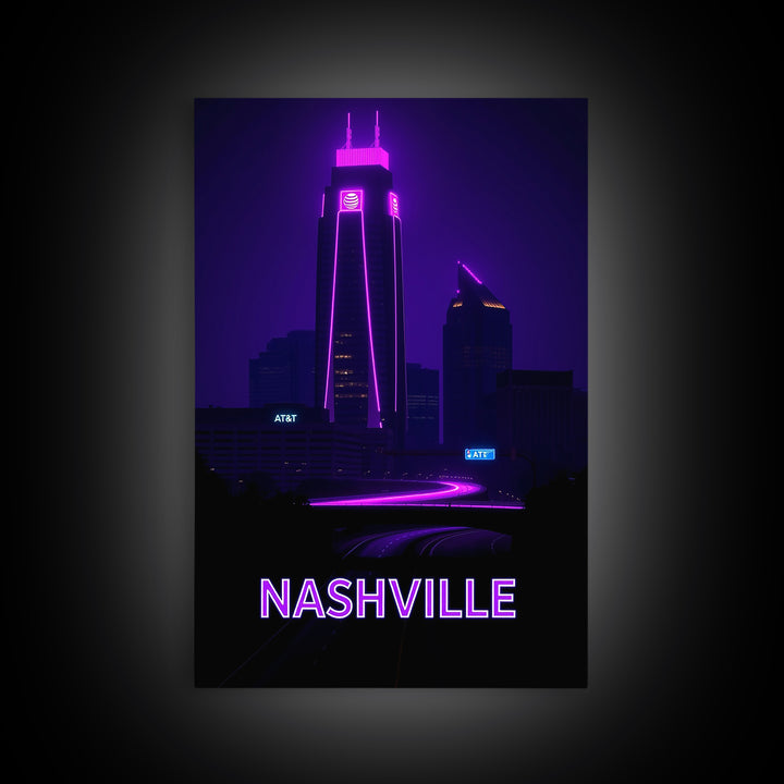 Nashville Tennessee Travel Poster, Canvas Print, Neon Skyline Wall Art, Nashville City Art, Wall Decor, Travel Wall Decor, Travel Wall Art