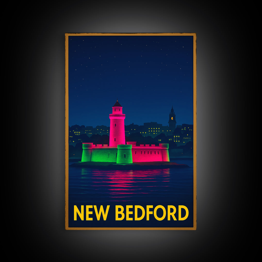 New Bedford Massachusetts Travel Poster, Canvas Print, Neon Downtown Skyline Wall Art, New Bedford Art Print, Wanderlust Decor, Wall Decor