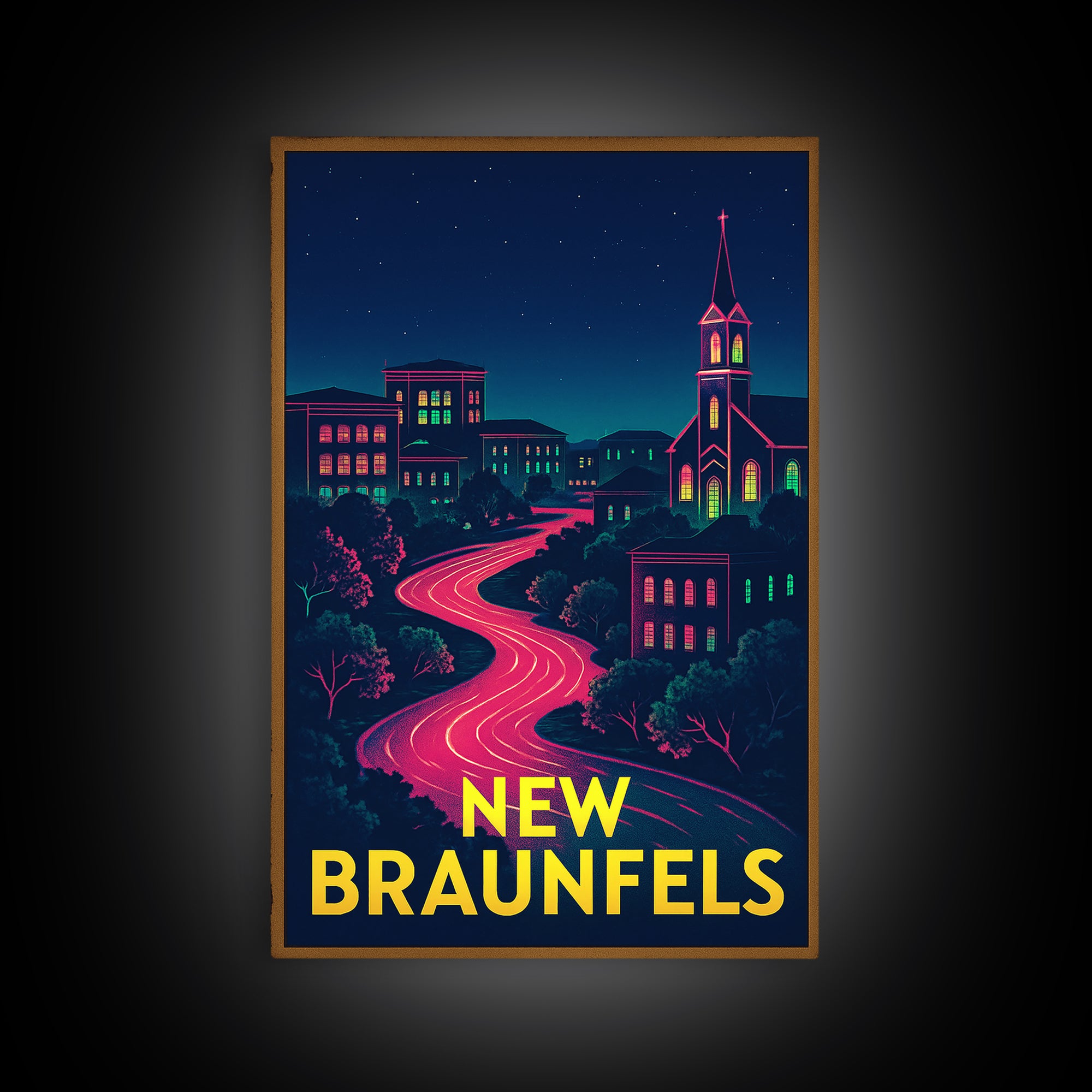 New Braunfels Texas Travel Poster, Canvas Print, Electric Night Poster Art, New Braunfels Travel Art, Travel Wall Decor, City Art Print