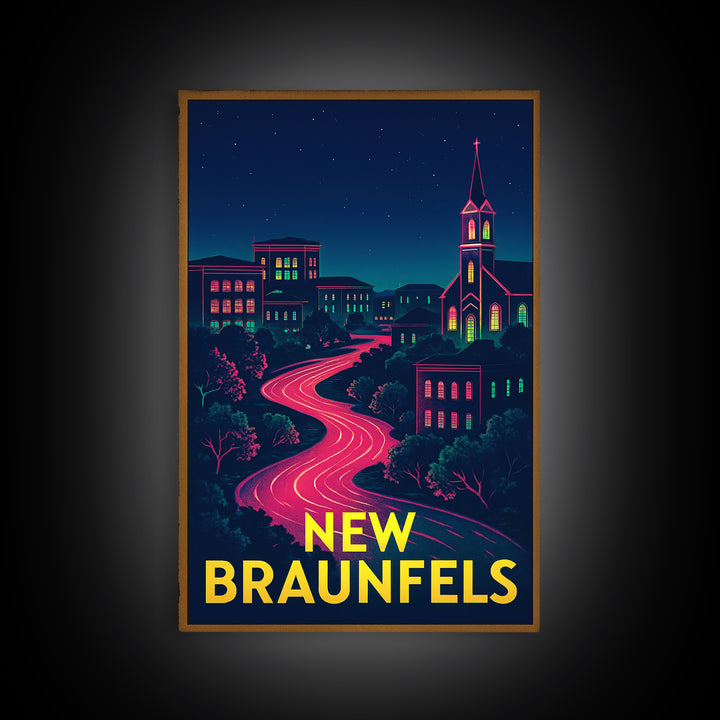 New Braunfels Texas Travel Poster, Canvas Print, Electric Night Poster Art, New Braunfels Travel Art, Travel Wall Decor, City Art Print