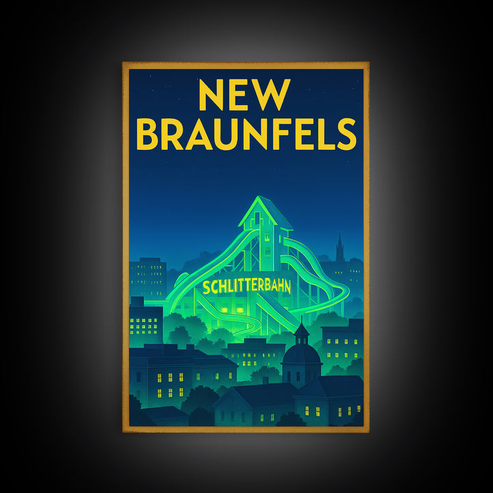 New Braunfels Travel Poster, Canvas Print, Electric Night Poster Art, New Braunfels City Art, Travel Art Print, Watercolor Urban Skyline