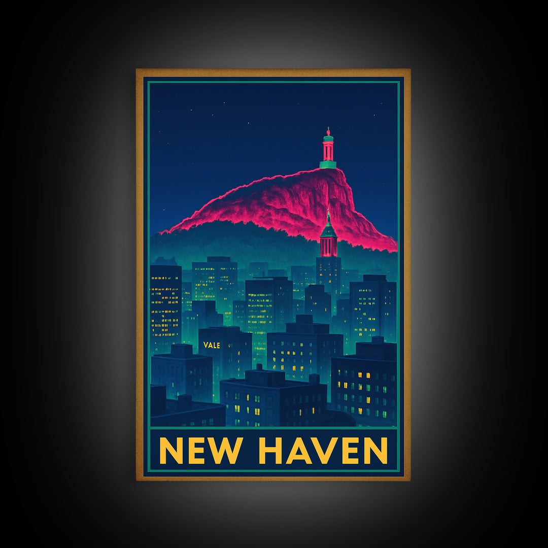 New Haven Connecticut Travel Poster, Framed Canvas Print, Cyberpunk Style City Art, New Haven Wall Art, Vintage Travel Print, Fine Art Print