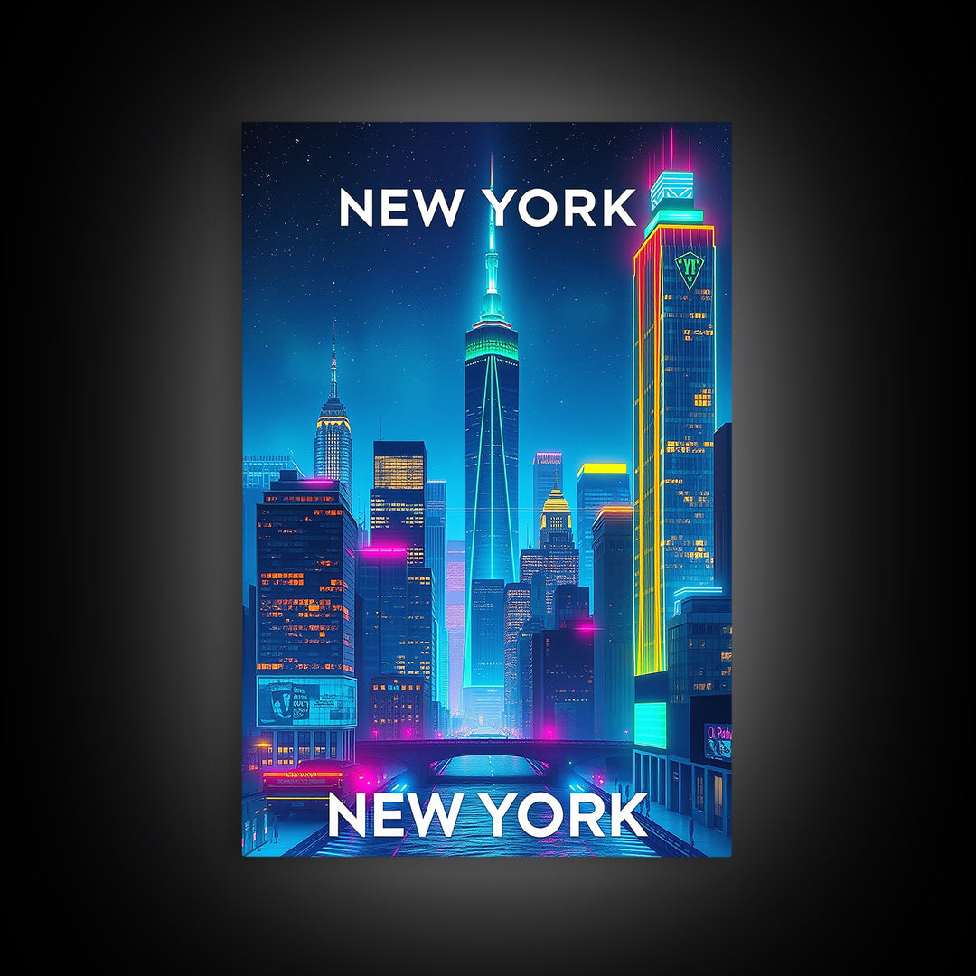 New York City New York Travel Poster, Canvas Print, Neon Skyline Wall Art, New York City Art, City Illustration, Travel Prints, Office Decor