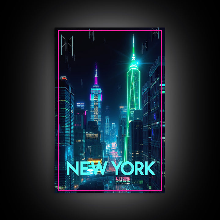 New York Travel Poster, Framed Canvas Print, Electric Night Poster Art, New York Wall Art, Travel Poster Art, Fine Art Print, Design 14