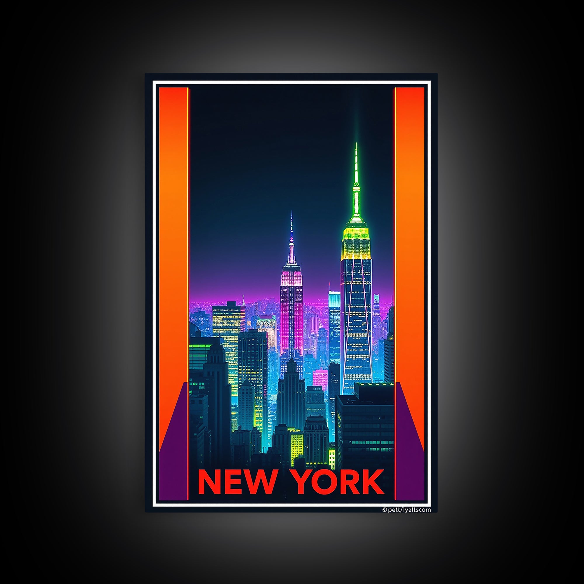 New York Travel Poster, Framed Canvas Print, Neon Skyline Art Wall Art, New York Travel Art, Vintage City Poster, Vintage City Art