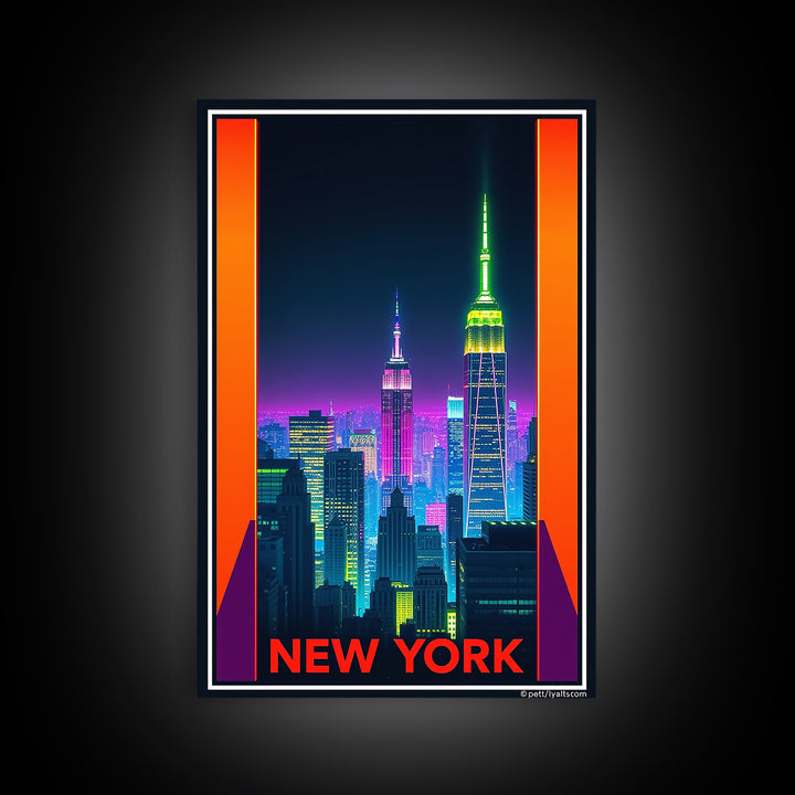 New York Travel Poster, Framed Canvas Print, Neon Skyline Art Wall Art, New York Travel Art, Vintage City Poster, Vintage City Art