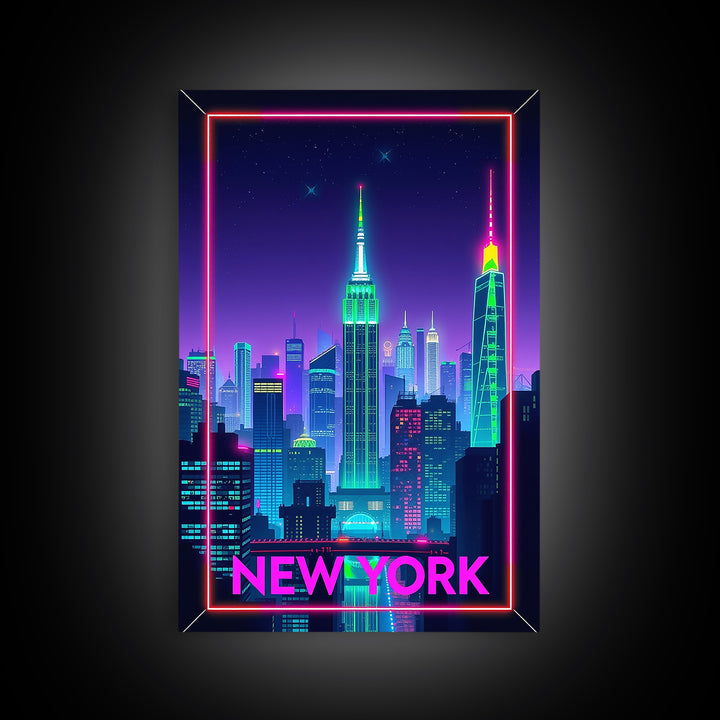New York Travel Poster, Framed Canvas Print, Electric Night Poster Art, New York Art Print, Living Room Wall Art, Travel Poster Art