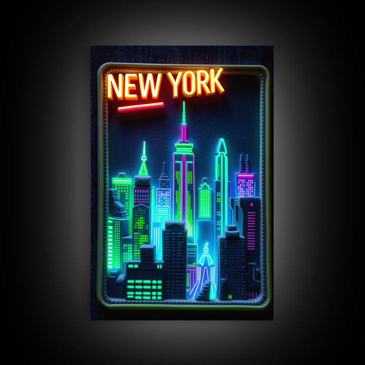 New York Travel Poster, Framed Canvas Print, Cyberpunk Style City Art, New York Poster Print, Gift For Travelers, Home Office Decor