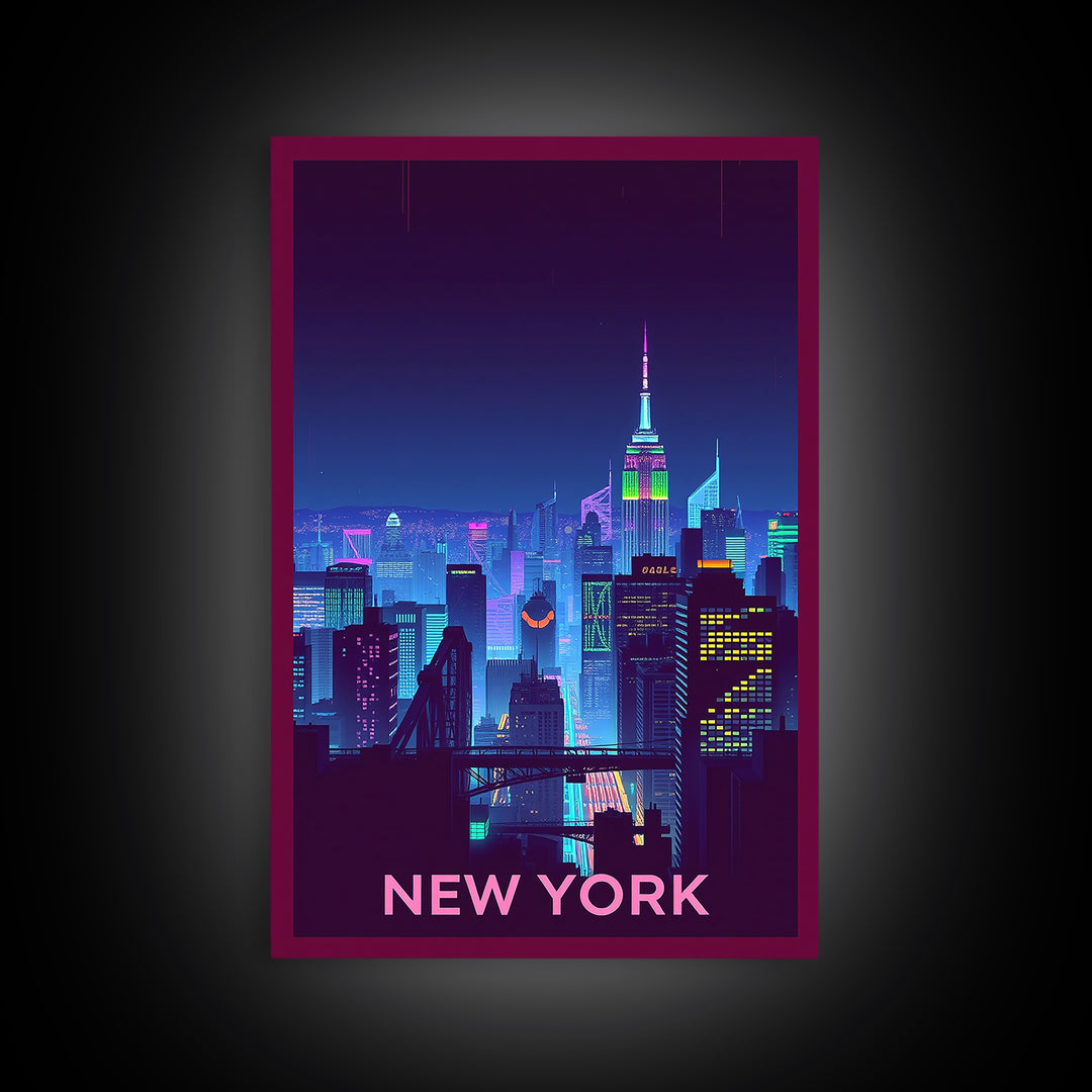 New York Travel Poster, Framed Canvas Print, Retro Neon Travel Art, New York City Art, City Illustration, Travel Poster Art, City Poster
