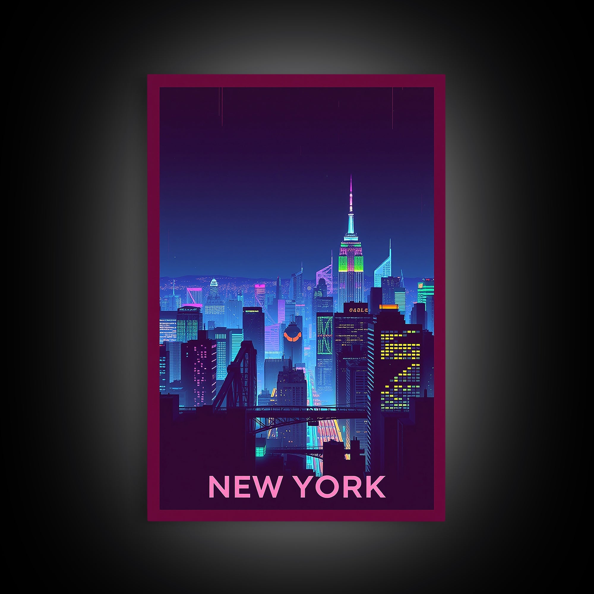 New York Travel Poster, Framed Canvas Print, Retro Neon Travel Art, New York City Art, City Illustration, Travel Poster Art, City Poster