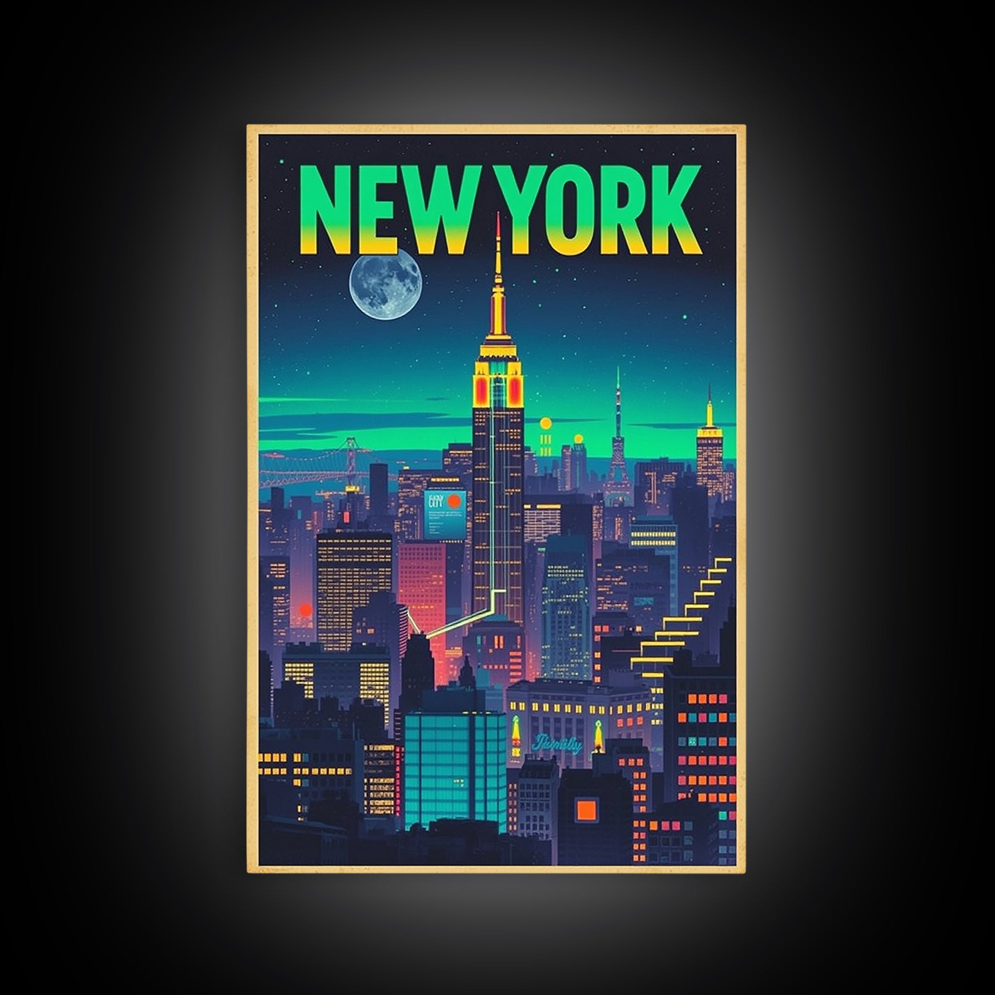 New York Travel Poster, Canvas Print, Retro Neon Travel Art, New York City Art, Travel Wall Art, Mid Century Wall Art, Vintage Travel Print