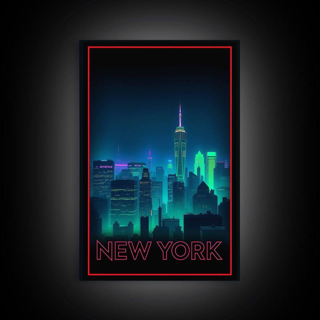 New York Travel Poster, Framed Canvas Print, Cyberpunk Style City Art, New York Poster Print, Fine Art Print, Vintage City Poster