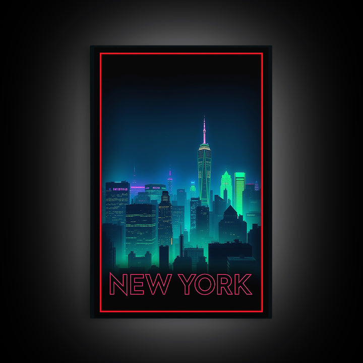 New York Travel Poster, Framed Canvas Print, Cyberpunk Style City Art, New York Poster Print, Fine Art Print, Vintage City Poster