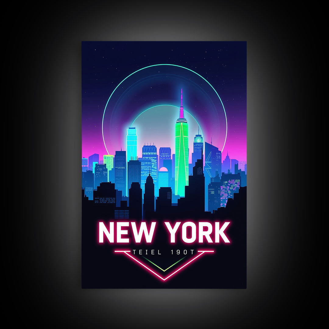 New York Travel Poster, Framed Canvas Print, Cyberpunk Style City Art, New York City Art, Living Room Wall Art, Travel Wall Decor