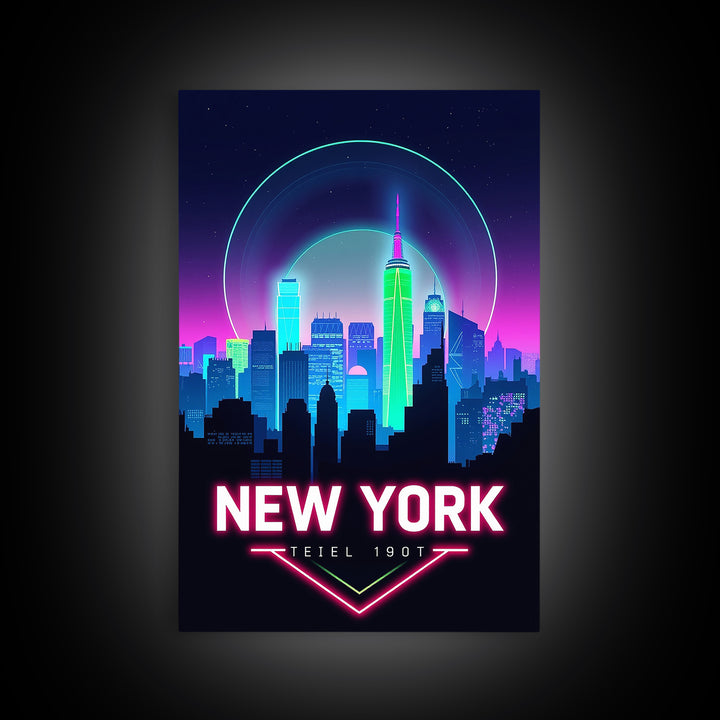 New York Travel Poster, Framed Canvas Print, Cyberpunk Style City Art, New York City Art, Living Room Wall Art, Travel Wall Decor