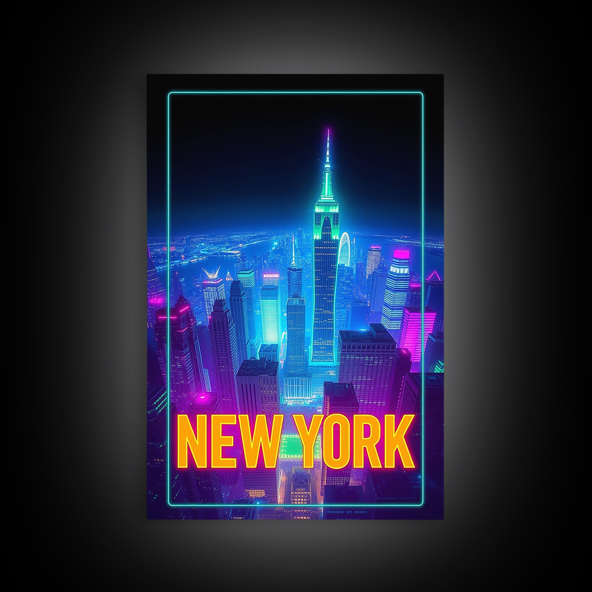 New York Travel Poster, Canvas Print, Neon Cityscape Wall Art, New York Wall Art, City Illustration, Mid Century Wall Art, City Art Print