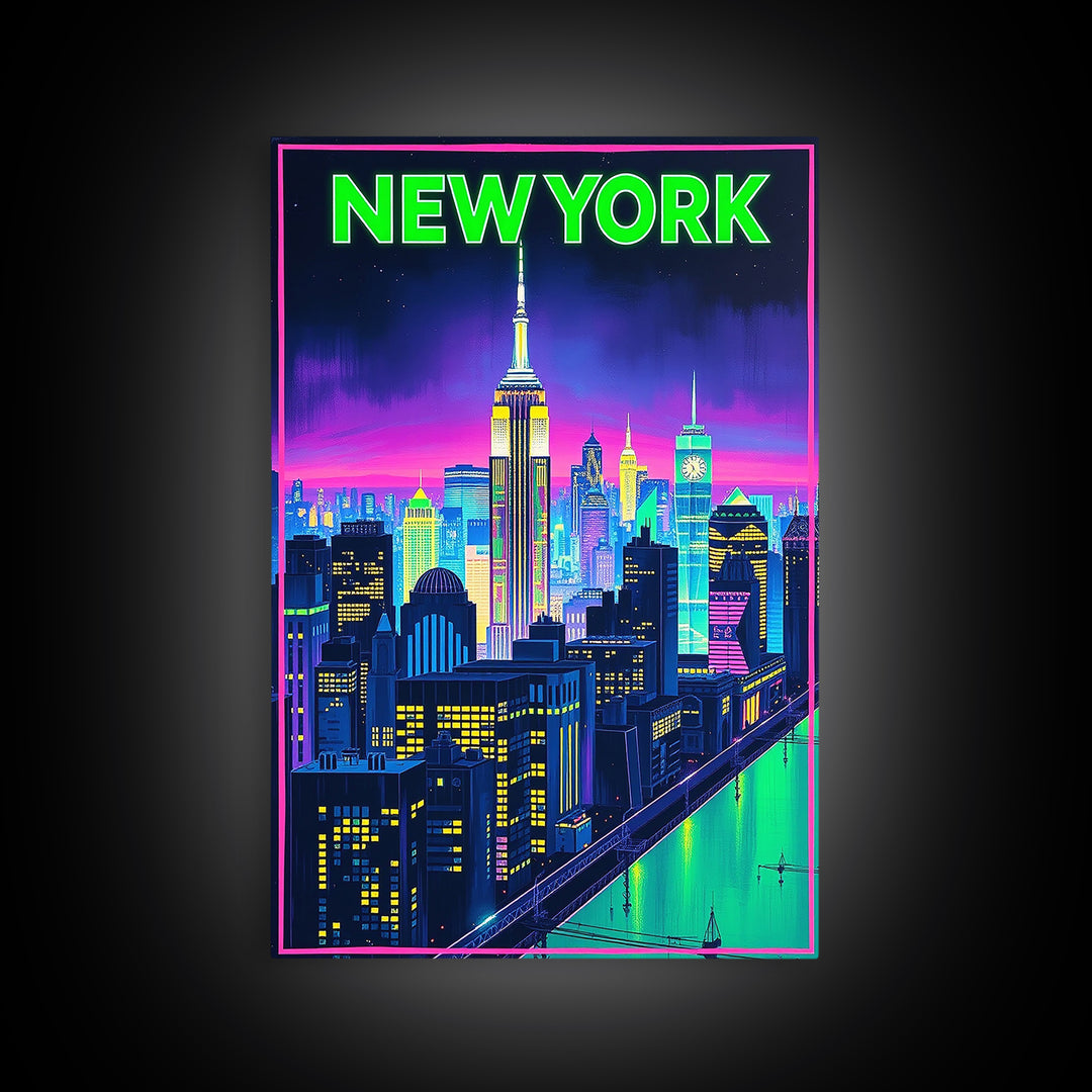 New York Travel Poster, Framed Canvas Print, Retro Neon Travel Art, New York Art Print, City Travel Prints, Fine Art Print, Art Print