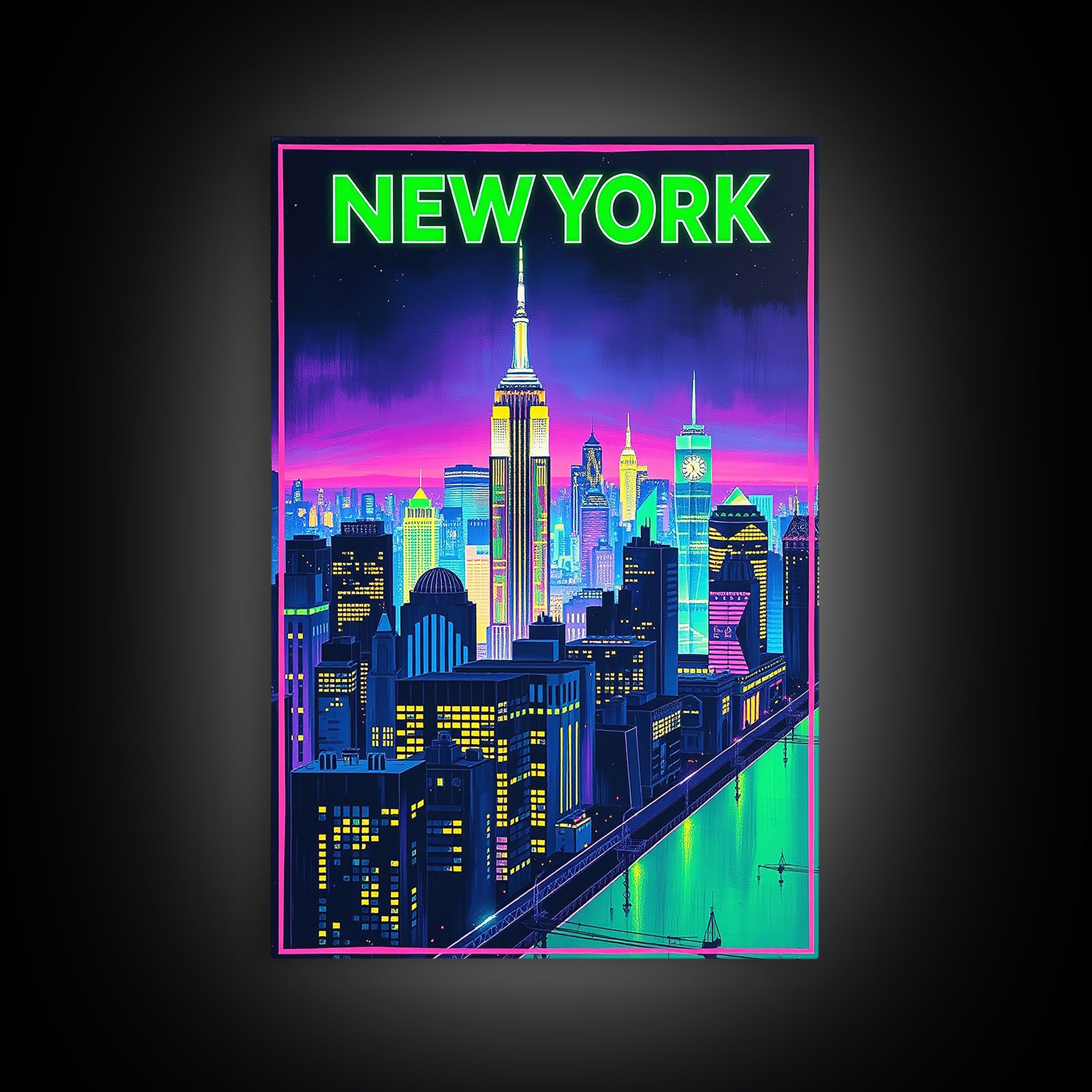 New York Travel Poster, Framed Canvas Print, Retro Neon Travel Art, New York Art Print, City Travel Prints, Fine Art Print, Art Print