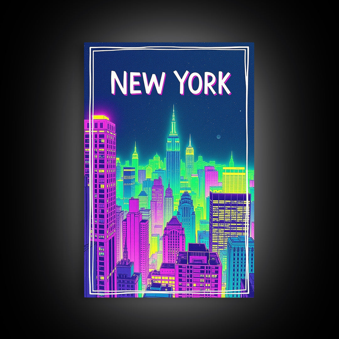 New York Travel Poster, Canvas Print, Neon Downtown Skyline Wall Art, New York City Art, Wanderlust Decor, Travel Wall Decor, Wall Decor