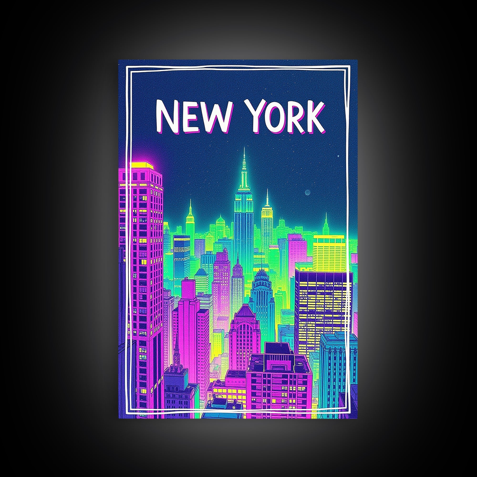 New York Travel Poster, Canvas Print, Neon Downtown Skyline Wall Art, New York City Art, Wanderlust Decor, Travel Wall Decor, Wall Decor