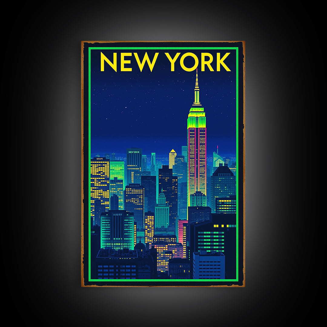 New York Travel Poster, Framed Canvas Print, Neon Downtown Skyline Wall Art, New York Wall Art, Gift For Travelers, Travel Wall Decor