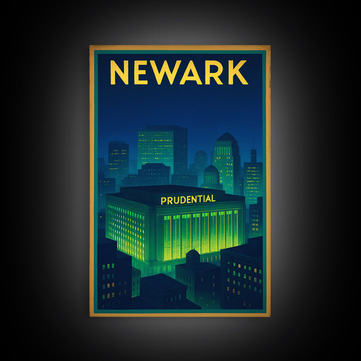 Newark Travel Poster, Framed Canvas Print, Electric Night Poster Art, Newark Wall Art, City Illustration, Vintage Travel Print