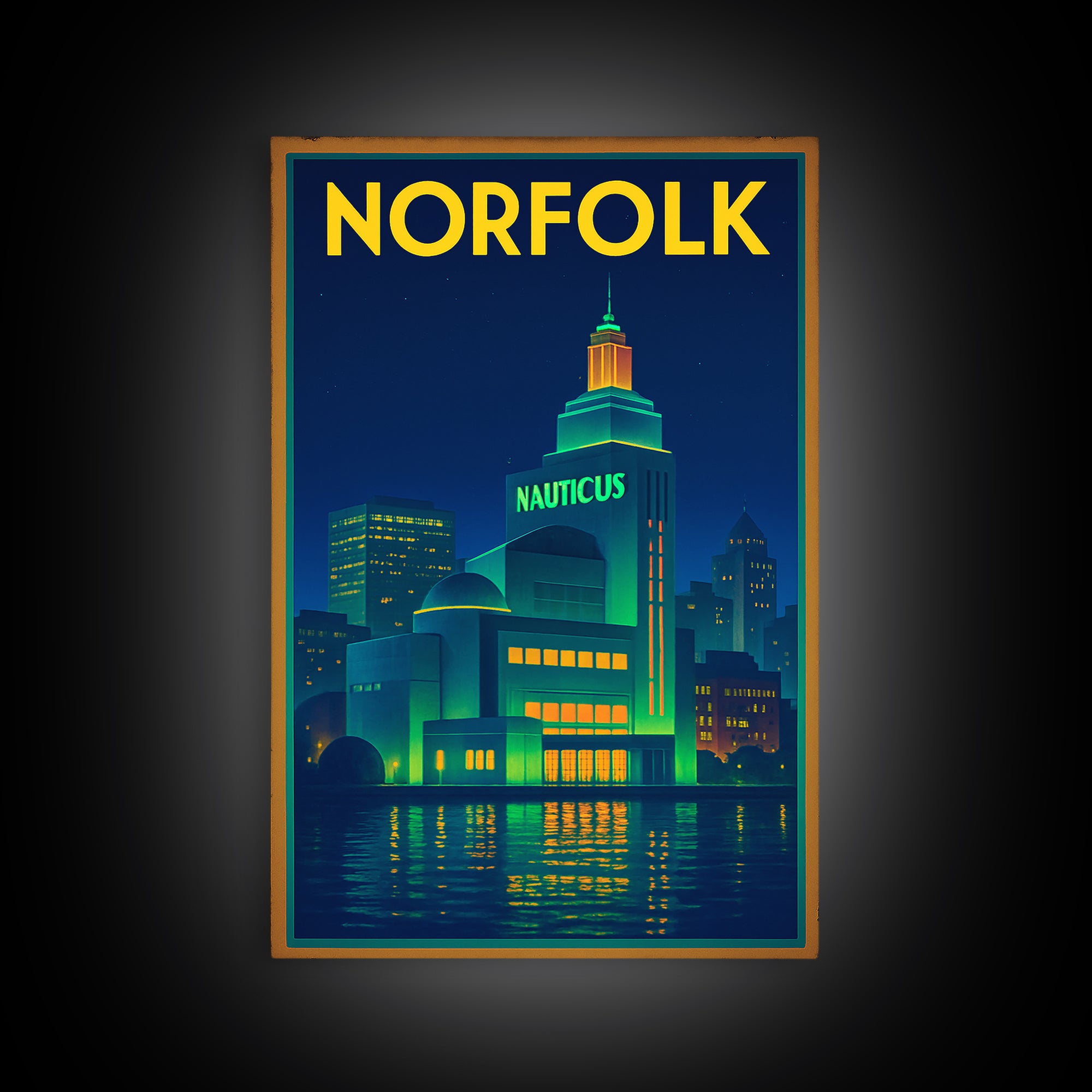 Norfolk Travel Poster, Framed Canvas Print, Electric Night Poster Art, Norfolk Poster Print, Vintage Travel Art, Mid Century Wall Art