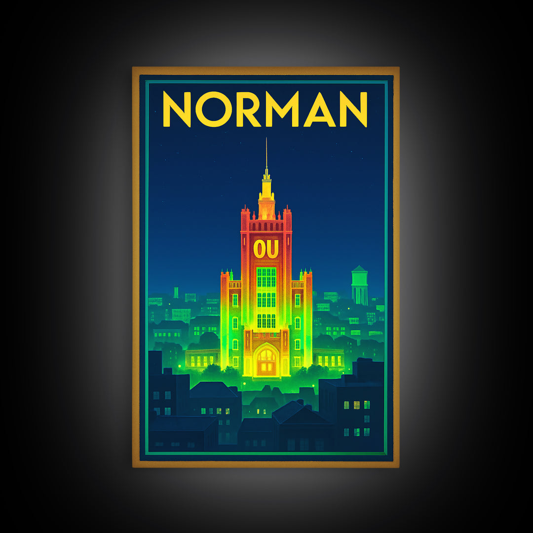 Norman Travel Poster, Framed Canvas Print, Retro Neon Travel Art, Norman Art Print, Travel Poster Set, Fine Art Print, Retro Travel Print