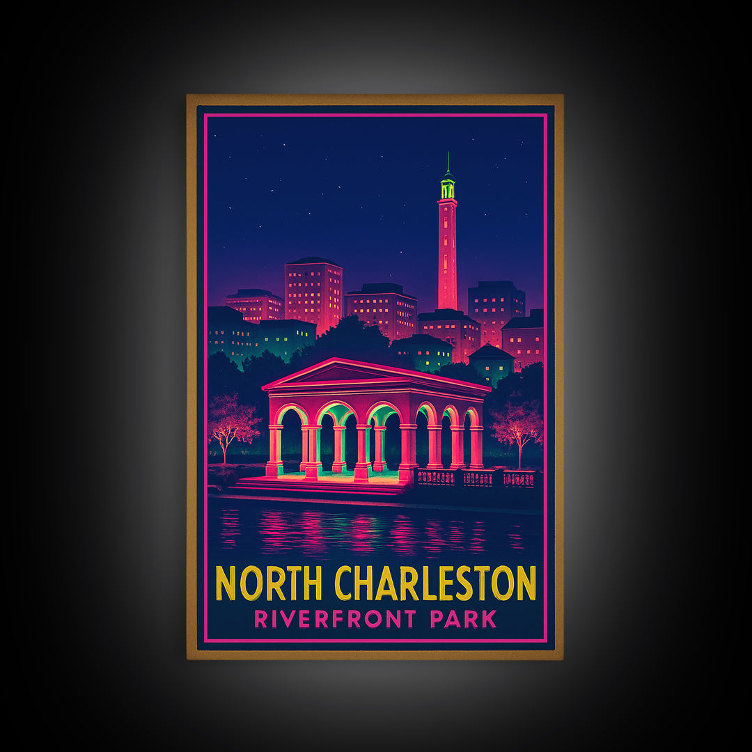 North Charleston South Carolina Travel Poster, Canvas Print, Neon Cityscape Wall Art, North Charleston Poster Print, City Illustration