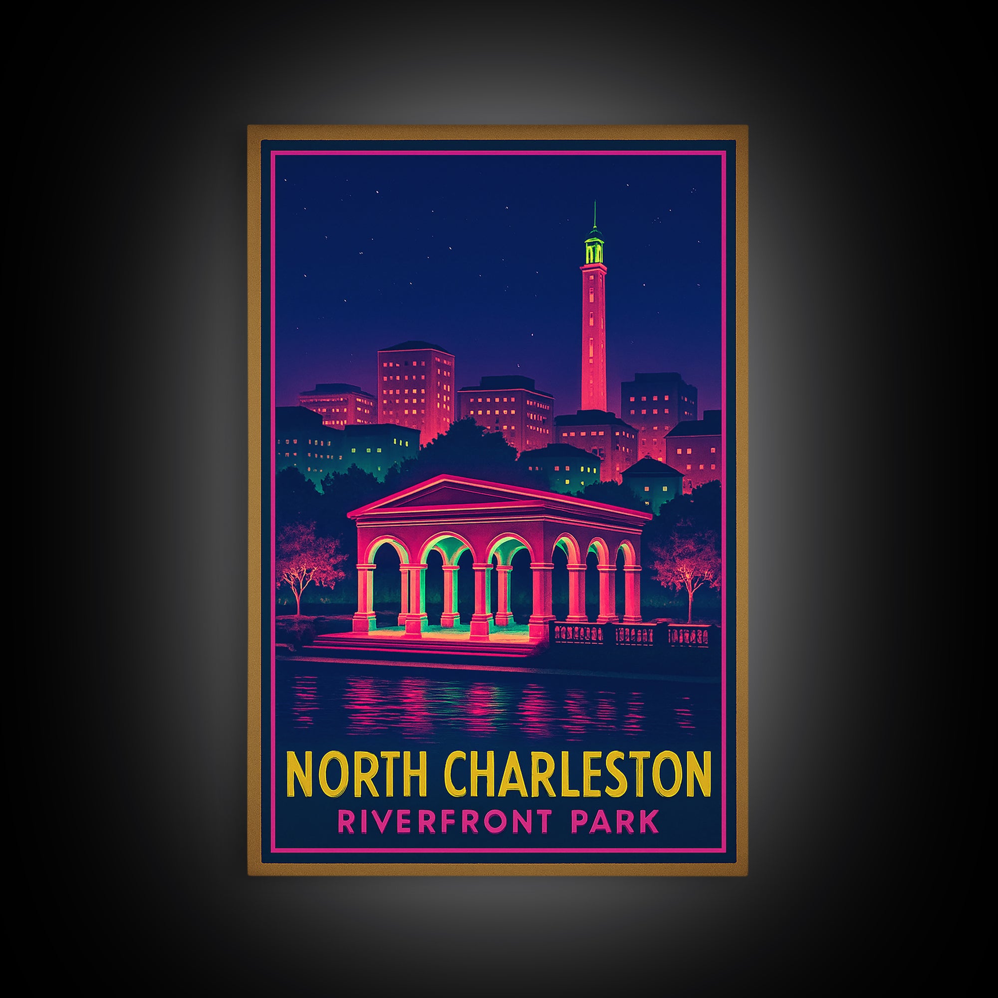 North Charleston South Carolina Travel Poster, Canvas Print, Neon Cityscape Wall Art, North Charleston Poster Print, City Illustration