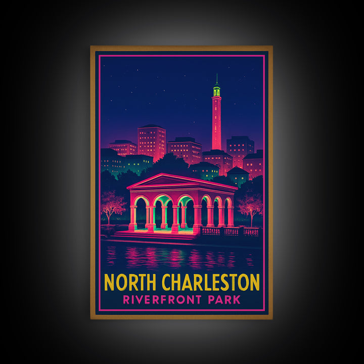 North Charleston South Carolina Travel Poster, Canvas Print, Neon Cityscape Wall Art, North Charleston Poster Print, City Illustration