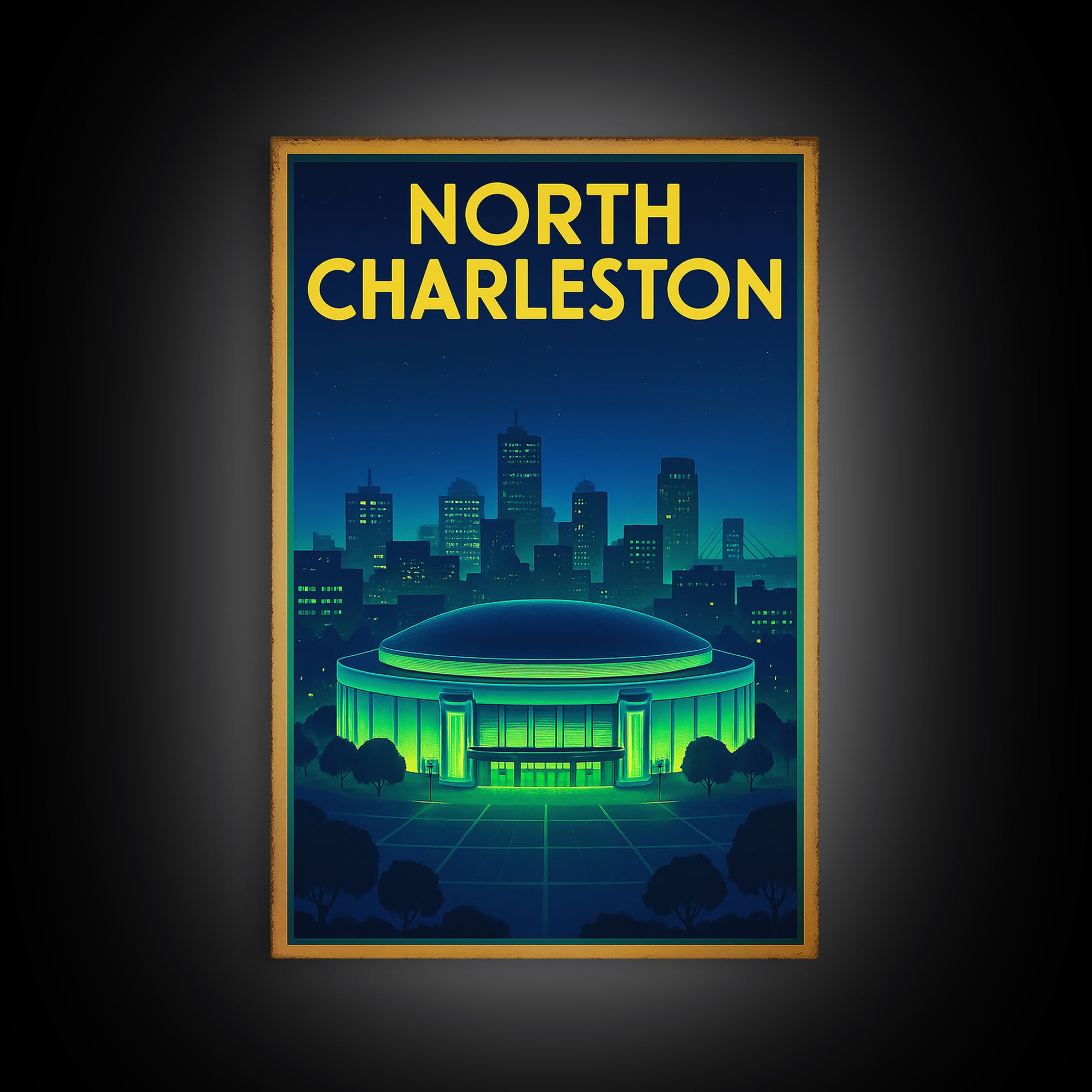 North Charleston Travel Poster, Canvas Print, Retro Neon Travel Art, North Charleston Wall Art, Travel Wall Art, City Illustration