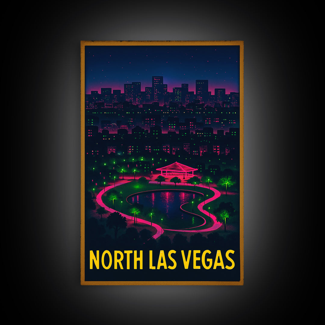 North Las Vegas Nevada Travel Poster, Canvas Print, Electric Night Poster Art, North Las Vegas Wall Art, Watercolor Downtown Skyline