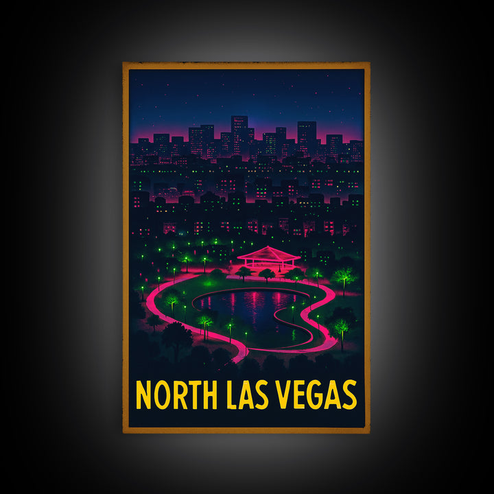 North Las Vegas Nevada Travel Poster, Canvas Print, Electric Night Poster Art, North Las Vegas Wall Art, Watercolor Downtown Skyline