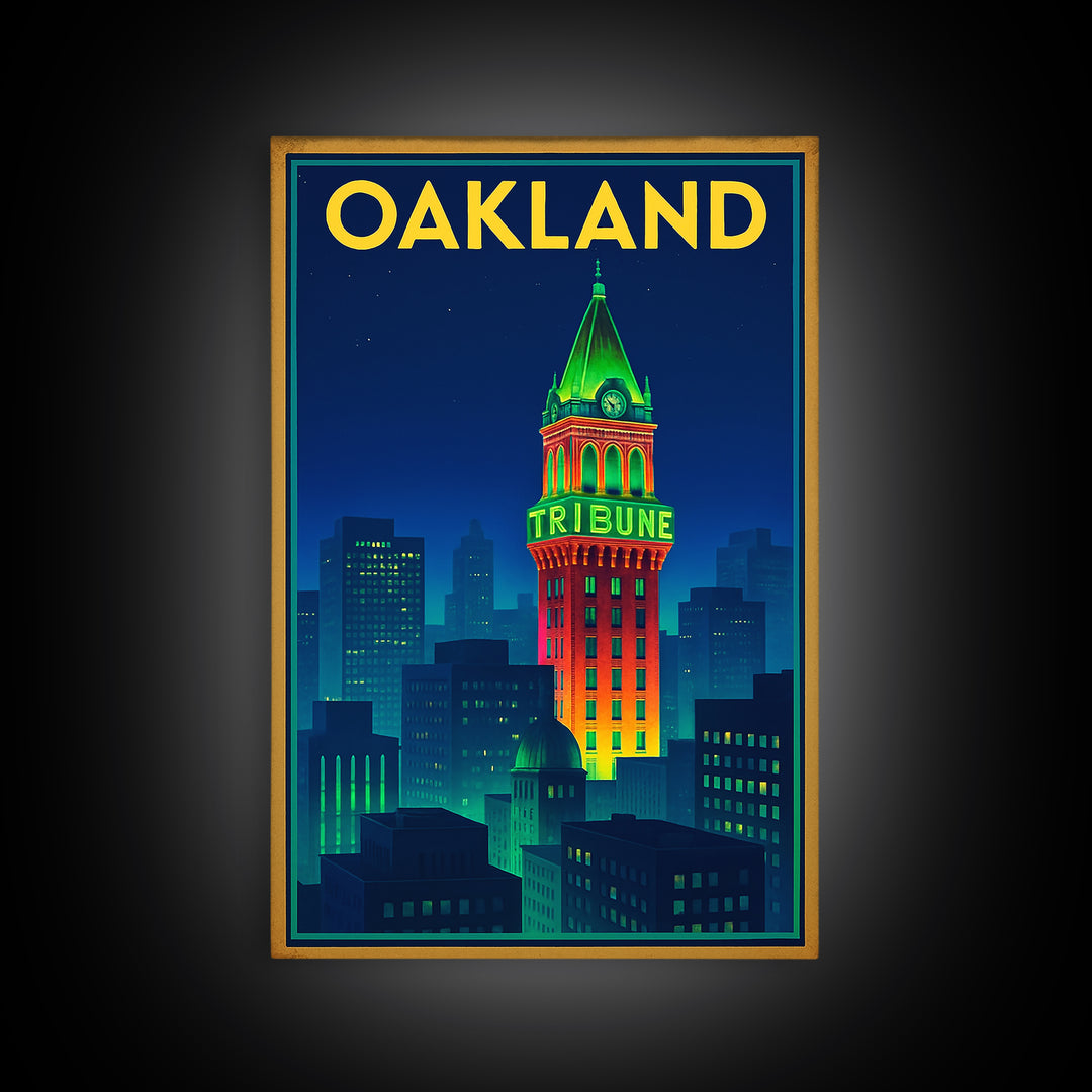 Oakland Travel Poster, Framed Canvas Print, Cyberpunk Style City Art, Oakland Poster Print, Travel Wall Decor, Wanderlust Decor