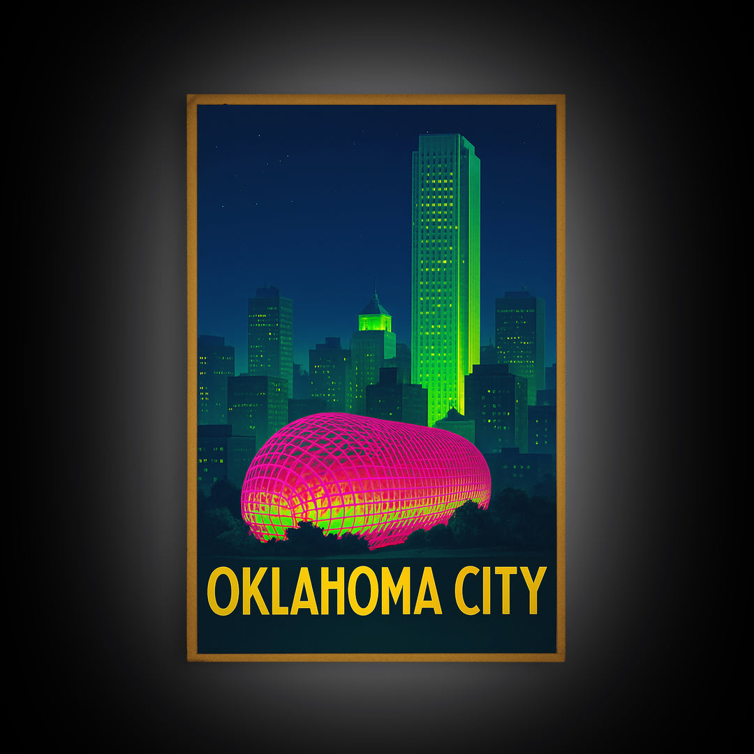 Oklahoma City Oklahoma Travel Poster, Canvas Print, Retro Neon Travel Art, Oklahoma City Art Print, Eclectic Wall Decor, City Illustration