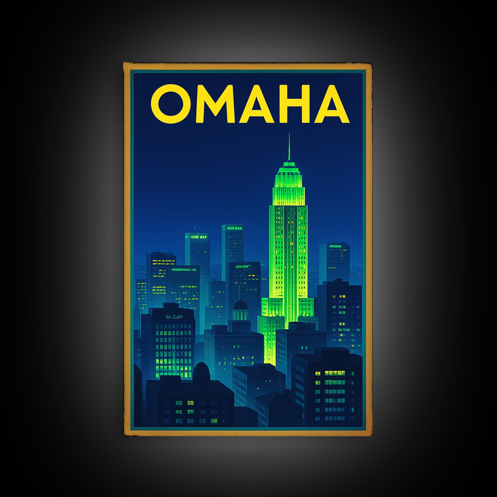 Omaha Travel Poster, Framed Canvas Print, Electric Night Poster Art, Omaha City Art, Travel Wall Decor, Mid Century Wall Art, Art Print