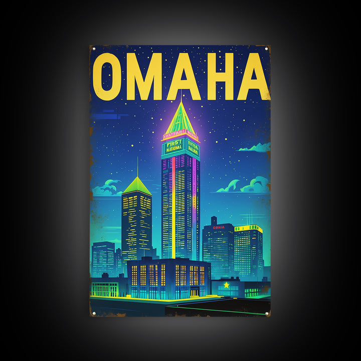 Omaha Travel Poster, Framed Canvas Print, Retro Neon Travel Art, Omaha Travel Art, Eclectic Wall Decor, City Art Print, Fine Art Print