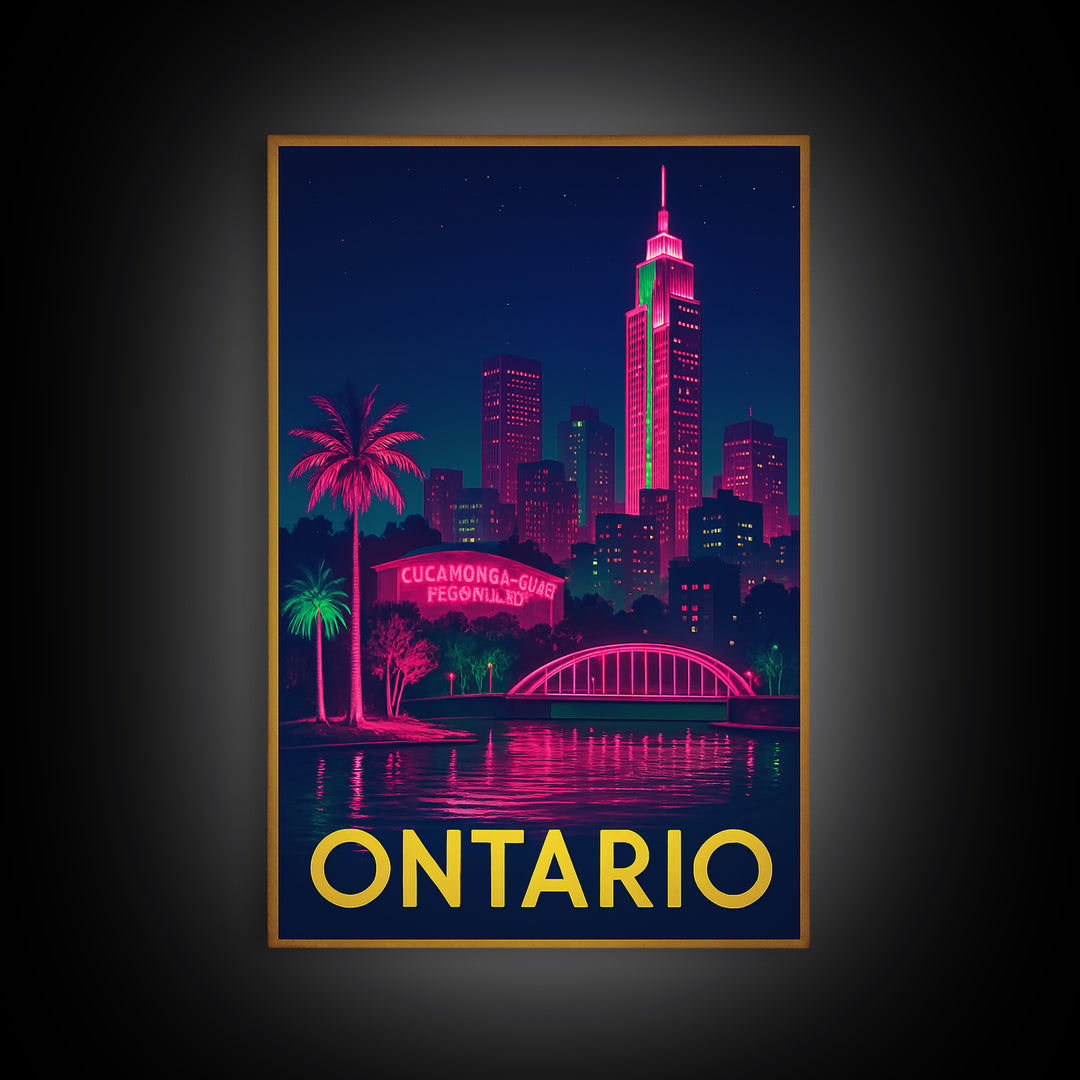 Ontario California Travel Poster, Canvas Print, Neon Urban Skyline Wall Art, Ontario City Art, Office Decor, City Illustration, City Poster
