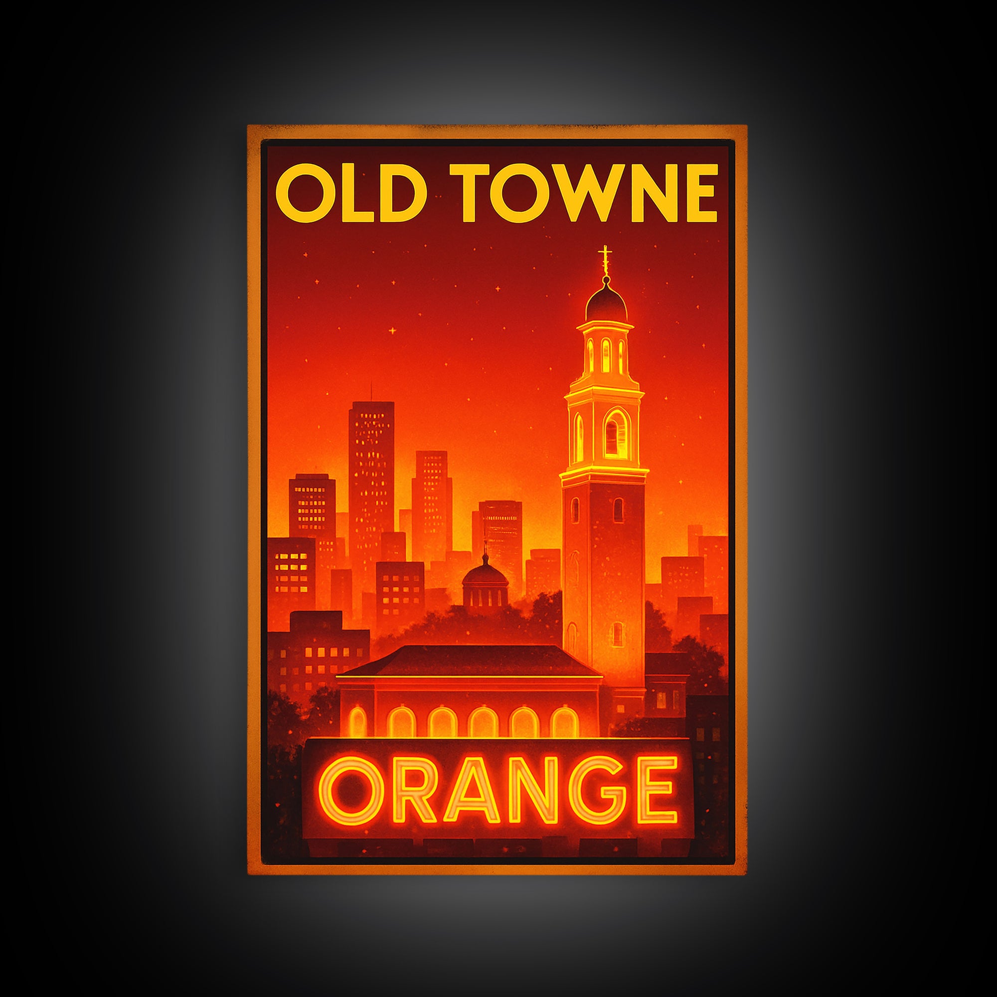 Orange Travel Poster, Framed Canvas Print, Retro Neon Travel Art, Orange Travel Art, Watercolor Downtown Skyline, Travel Poster Set