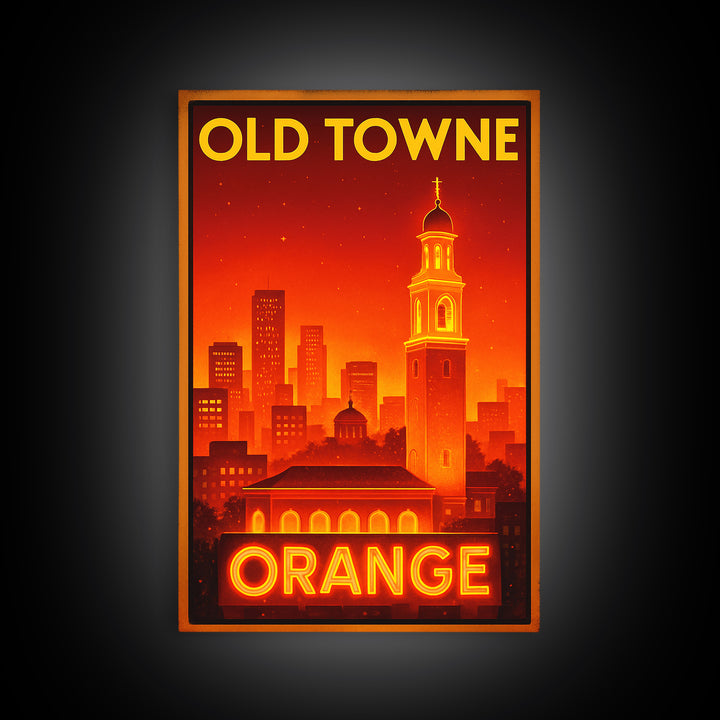 Orange Travel Poster, Framed Canvas Print, Retro Neon Travel Art, Orange Travel Art, Watercolor Downtown Skyline, Travel Poster Set